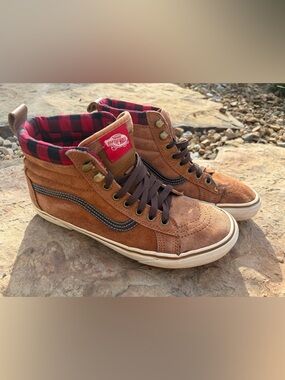 Vans Brown Suede High-Top Sneakers with Red Plaid Lining